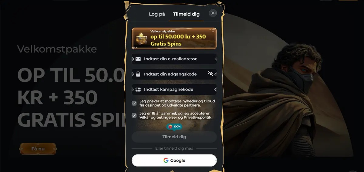 Casino registration window offering a welcome package of up to 50,000 kr and 350 free spins, with fields for email, password, promo code, and checkboxes for terms and marketing consent.