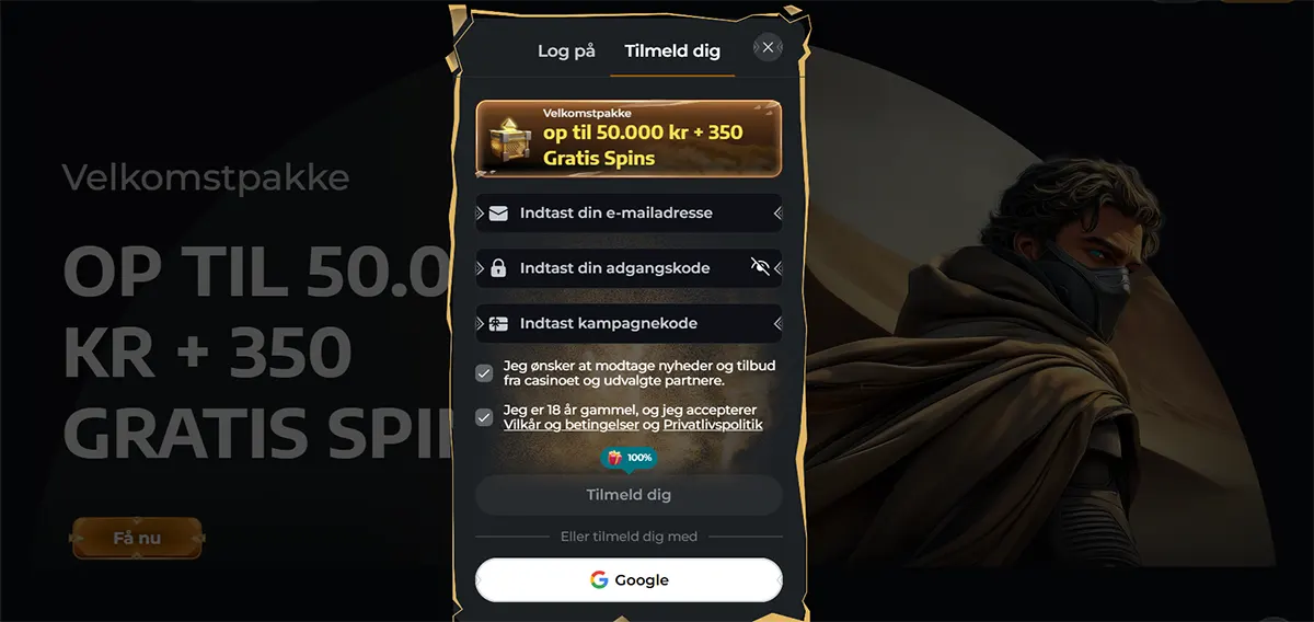 Casino registration window offering a welcome package of up to 50,000 kr and 350 free spins, with fields for email, password, promo code, and checkboxes for terms and marketing consent.