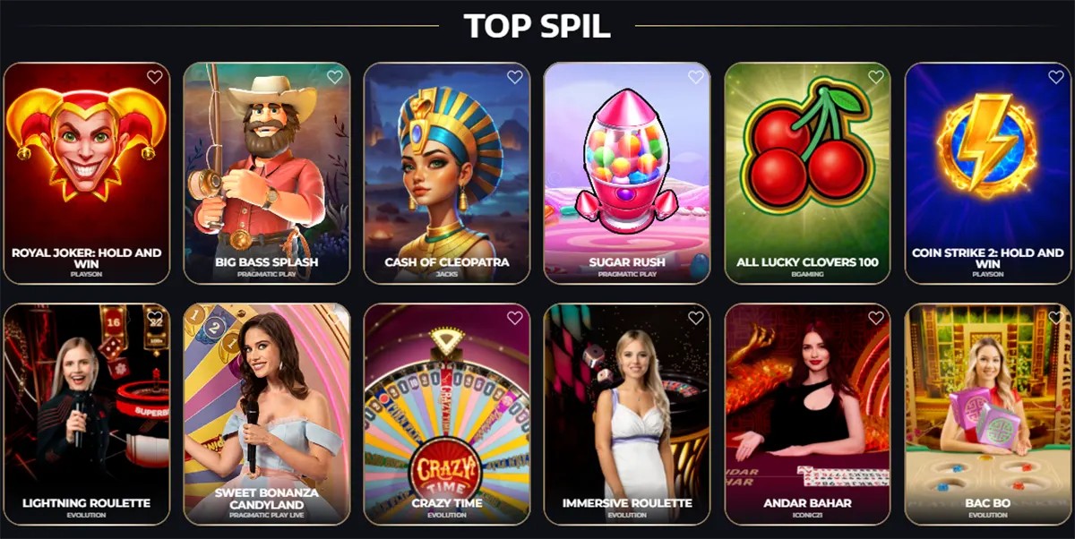 Top games section showing popular casino titles including Royal Joker Hold and Win, Big Bass Splash, Cash of Cleopatra, Sugar Rush, All Lucky Clovers 100, Coin Strike 2 Hold and Win, Lightning Roulette, Sweet Bonanza Candyland, Crazy Time, Immersive Roulette, Andar Bahar, and Bac Bo.
