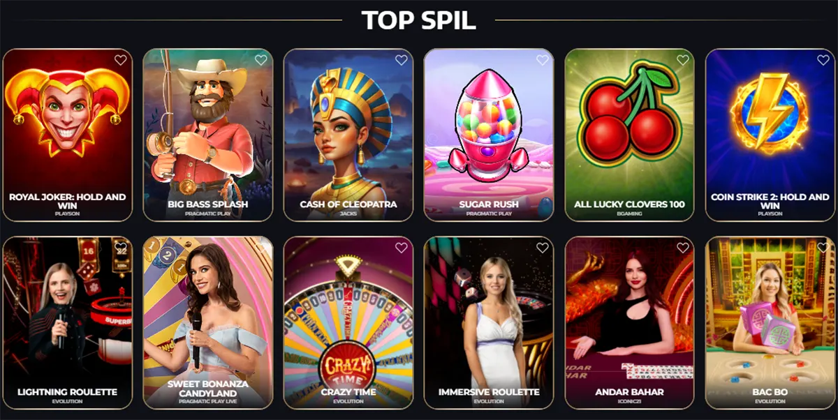 Top games section showing popular casino titles including Royal Joker Hold and Win, Big Bass Splash, Cash of Cleopatra, Sugar Rush, All Lucky Clovers 100, Coin Strike 2 Hold and Win, Lightning Roulette, Sweet Bonanza Candyland, Crazy Time, Immersive Roulette, Andar Bahar, and Bac Bo.